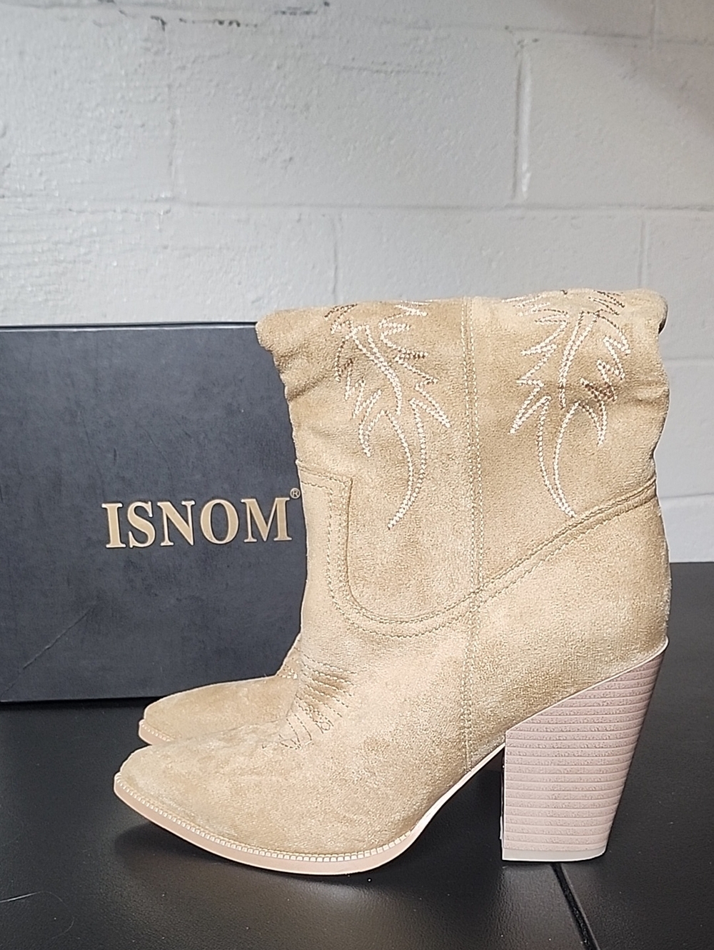 Isnom Beige Suede Western Block Heel Boot